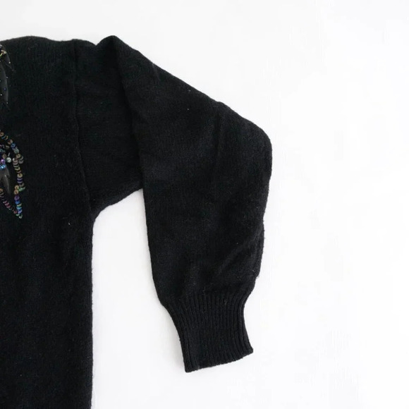 Vintage Black with Beaded Floral Knit Crewneck Sweater - Picture 5 of 12